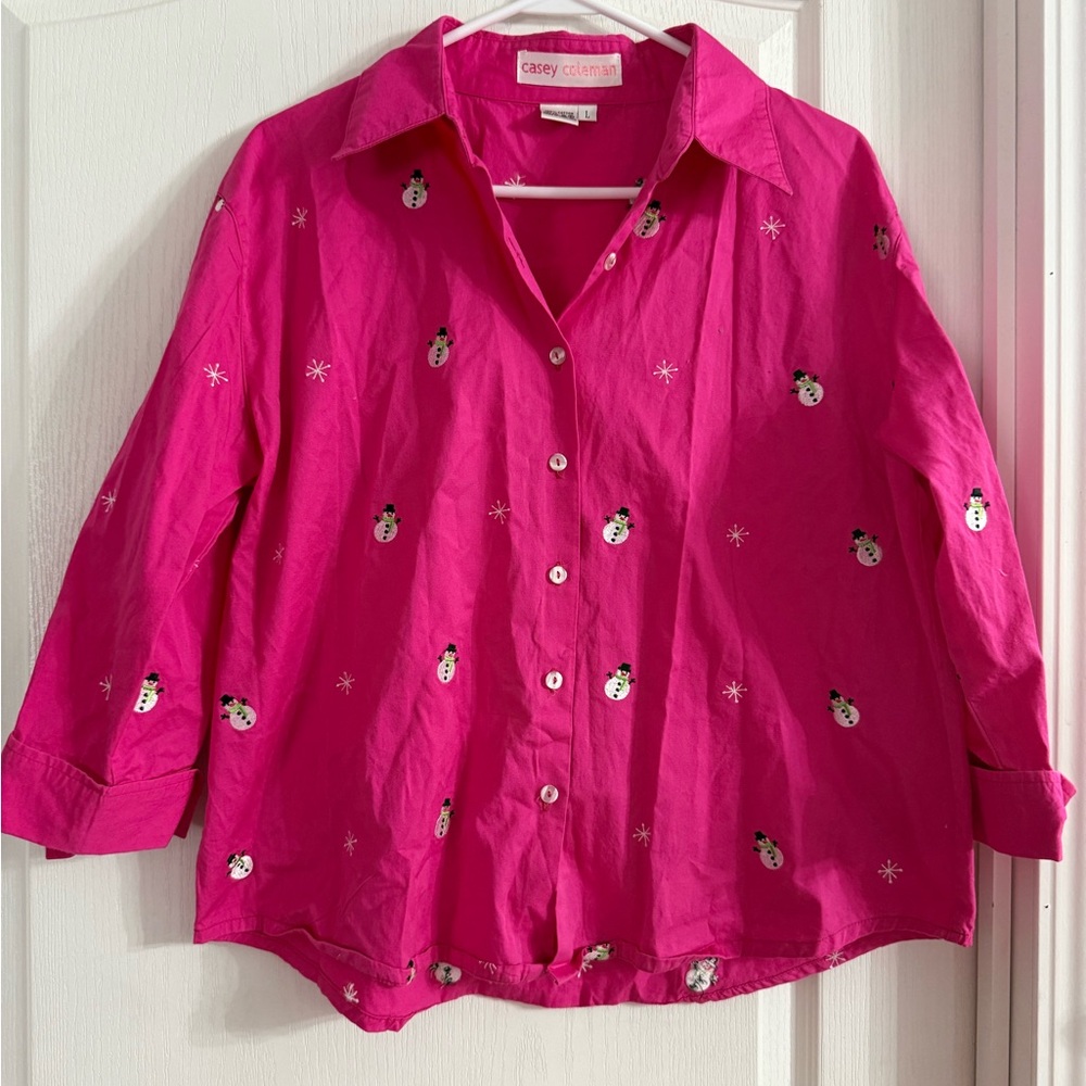 Casey Coleman Pink Embroidered Snowman Button Up Sz L. MH-18